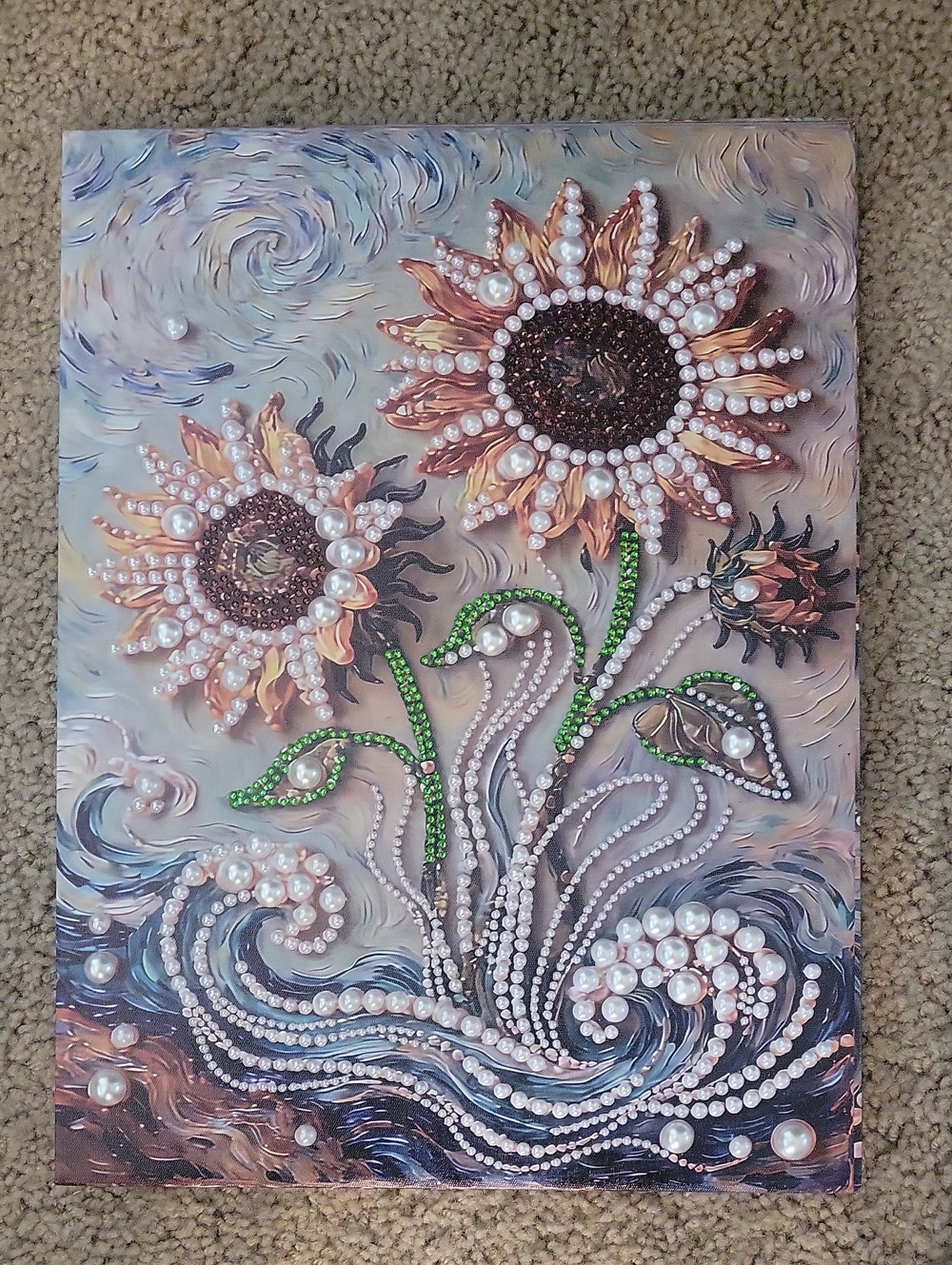 Completed NEW DIAMOND ART - Pearl Sunflower Wall Art - Green, Gold, Brown White
